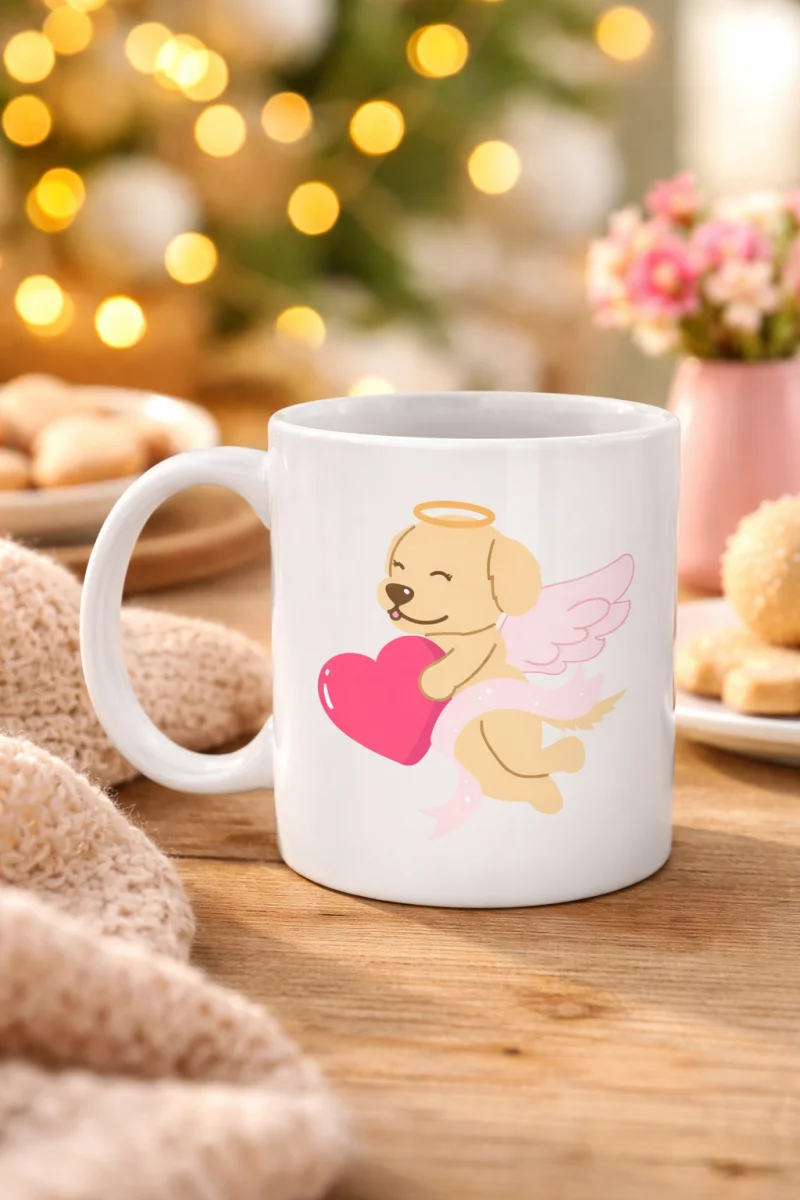 Melek Golden Retriever Köpek Tasarımlı Porselen Kupa MODEL 55 – Kalpli, Sevgiliye Özel, Sevimli Hediye Kupa