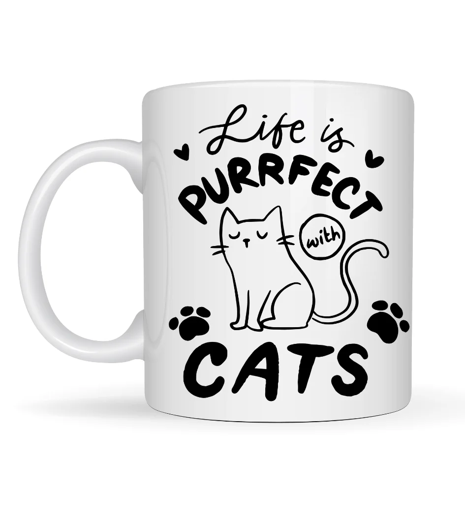 Life is Purrfect with Cats – Kedi Desenli Porselen Kupa MODEL 62 Sevimli Kedi Figürlü Kahve Kupası