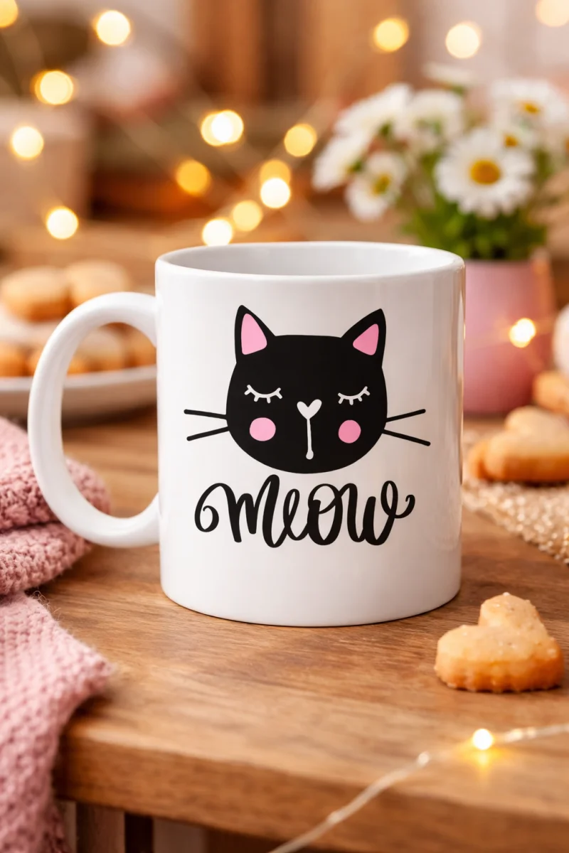 Sevimli Kedi Desenli Porselen Kupa MODEL 63 – “Meow” Yazılı Kahve & Çay Keyfi İçin Tatlı Tasarım