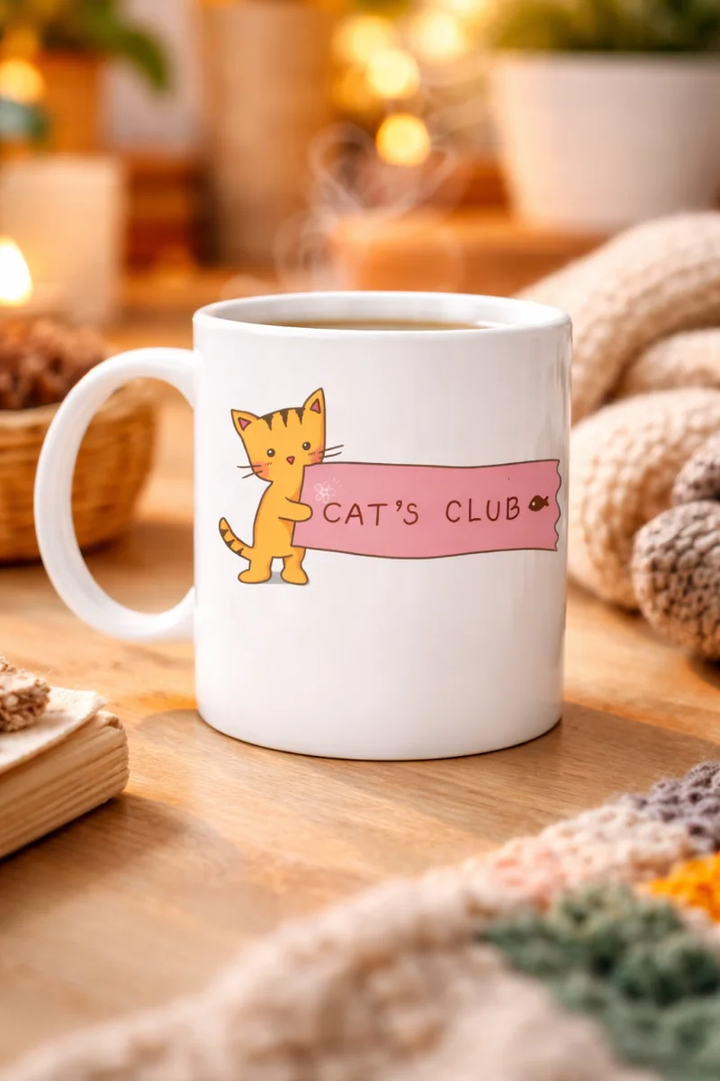 Cat’s Club Kedi Desenli Porselen Kupa MODEL 68 – Sevimli Turuncu Kedi Figürlü, Kahve & Çay Kupası, Kedi Severlere Özel Hediye