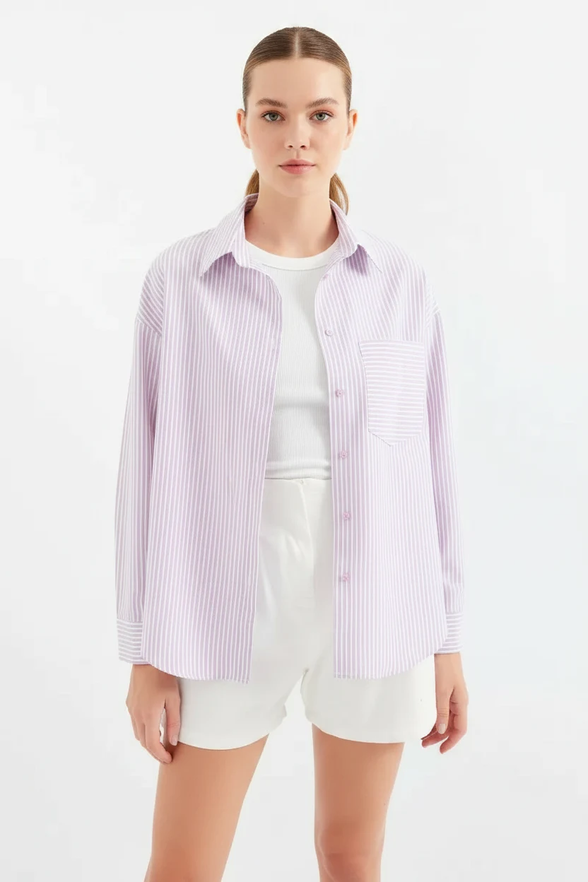 Kadın Tek Cepli Oversize Kesim Çizgili Pamuklu Pembe Gömlek