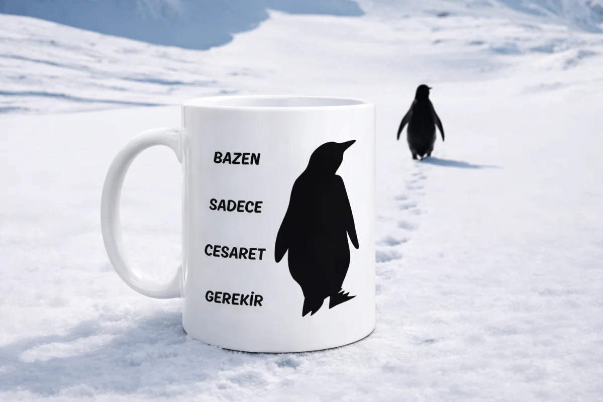 Bazen Sadece Cesaret Gerekir Kupa MODEL 160 – Nihilist Penguen Tasarımlı Porselen Kupa | İlham Veren Motif, Özgün Hediye