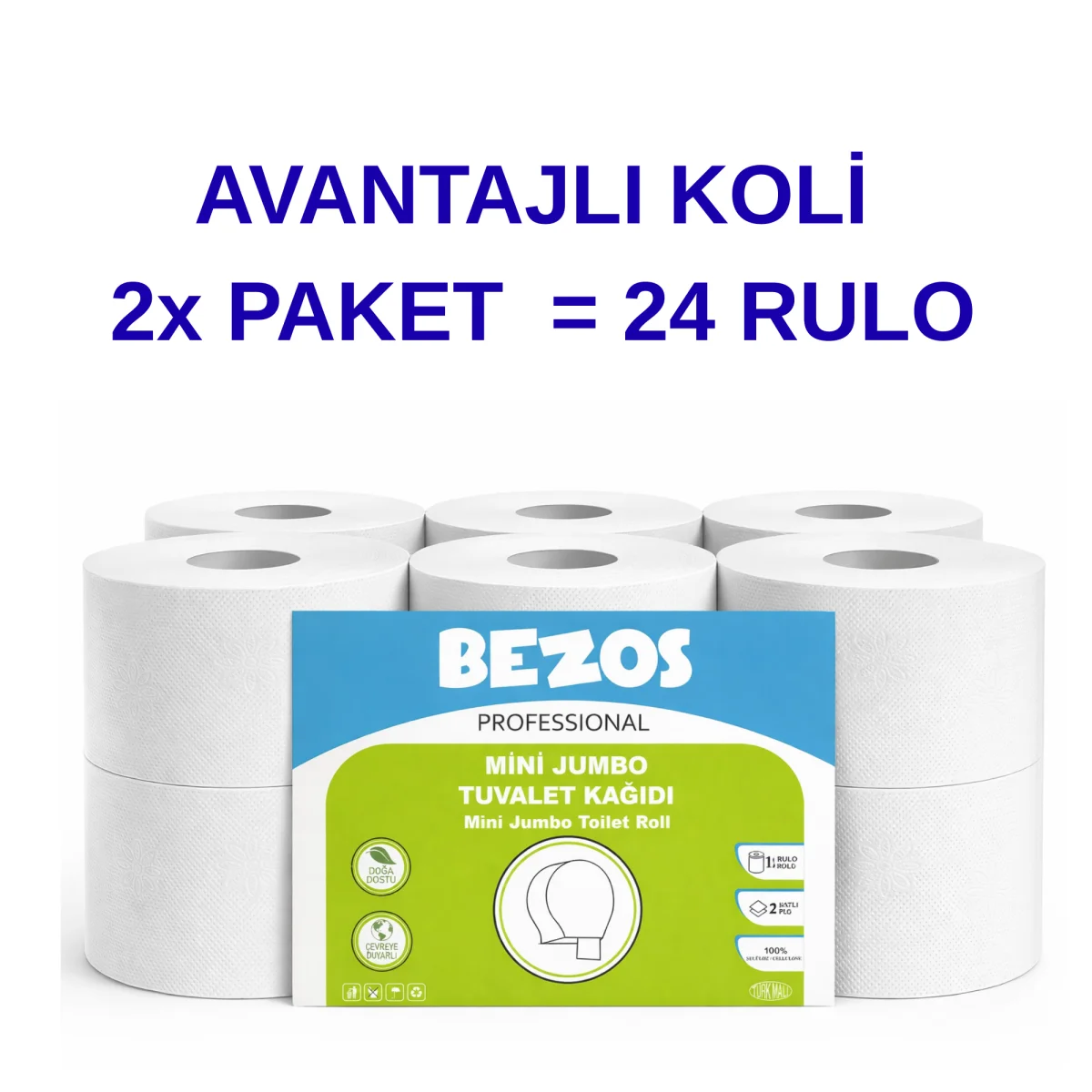 Bezos Professional Mini  Tuvalet Kağıdı 24 Rulo | 2 Katlı | %100 Selüloz | Endüstriyel & Ev Tipi Kullanım 2X12RULO