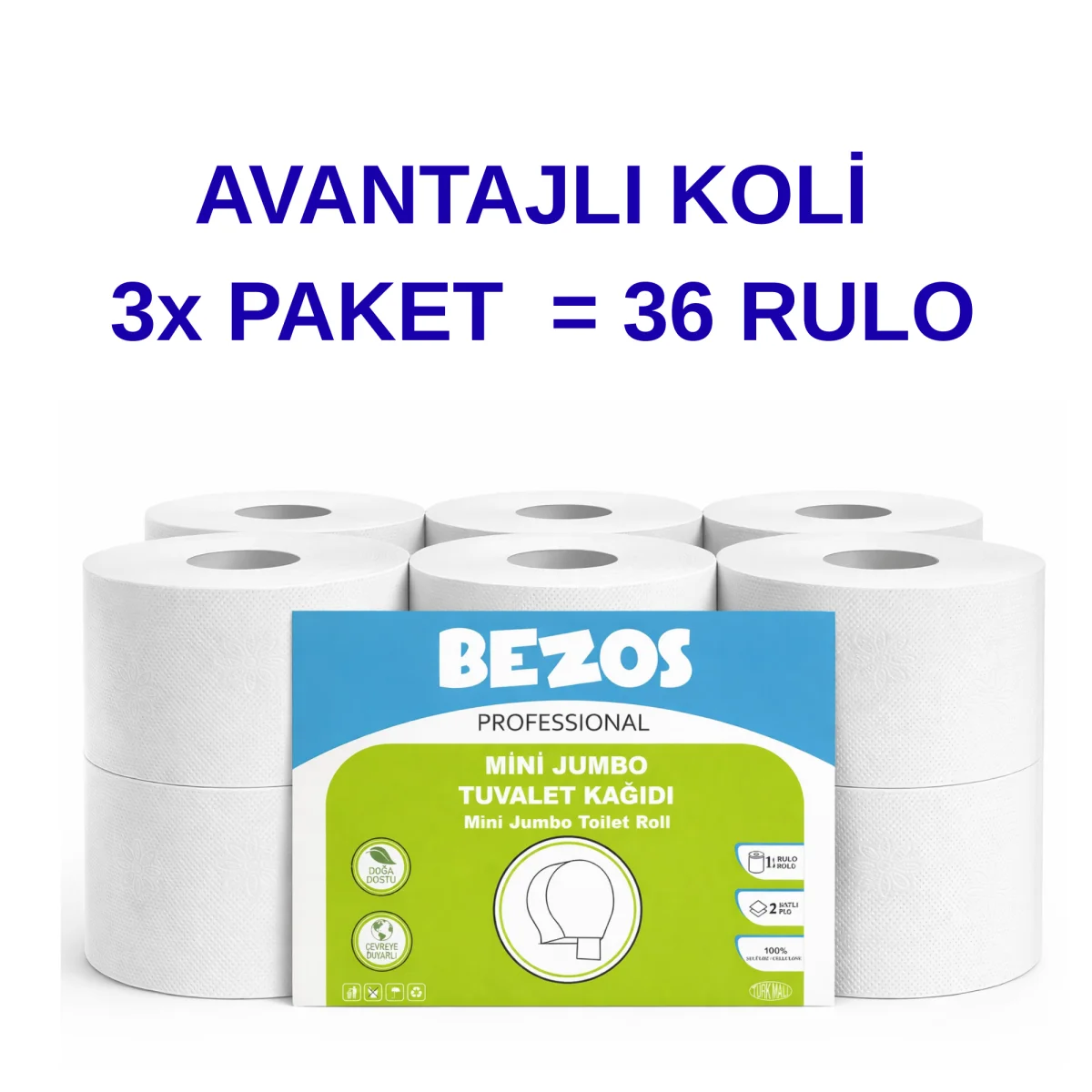 Bezos Professional Mini  Tuvalet Kağıdı 36 Rulo | 2 Katlı | %100 Selüloz | Endüstriyel & Ev Tipi Kullanım 3X12RULO