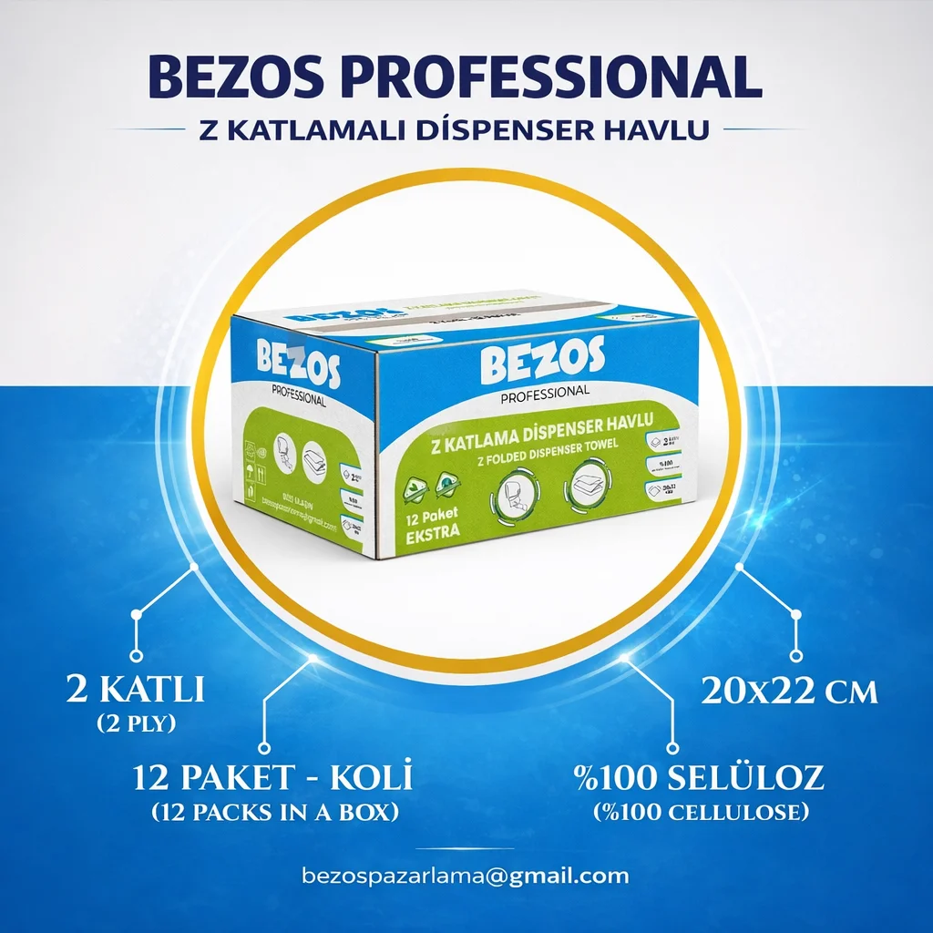 Bezos Professional Z Katlamalı Dispenser Havlu 2 Katlı %100 Selüloz 20x22 cm 3 Koli (36 Paket)