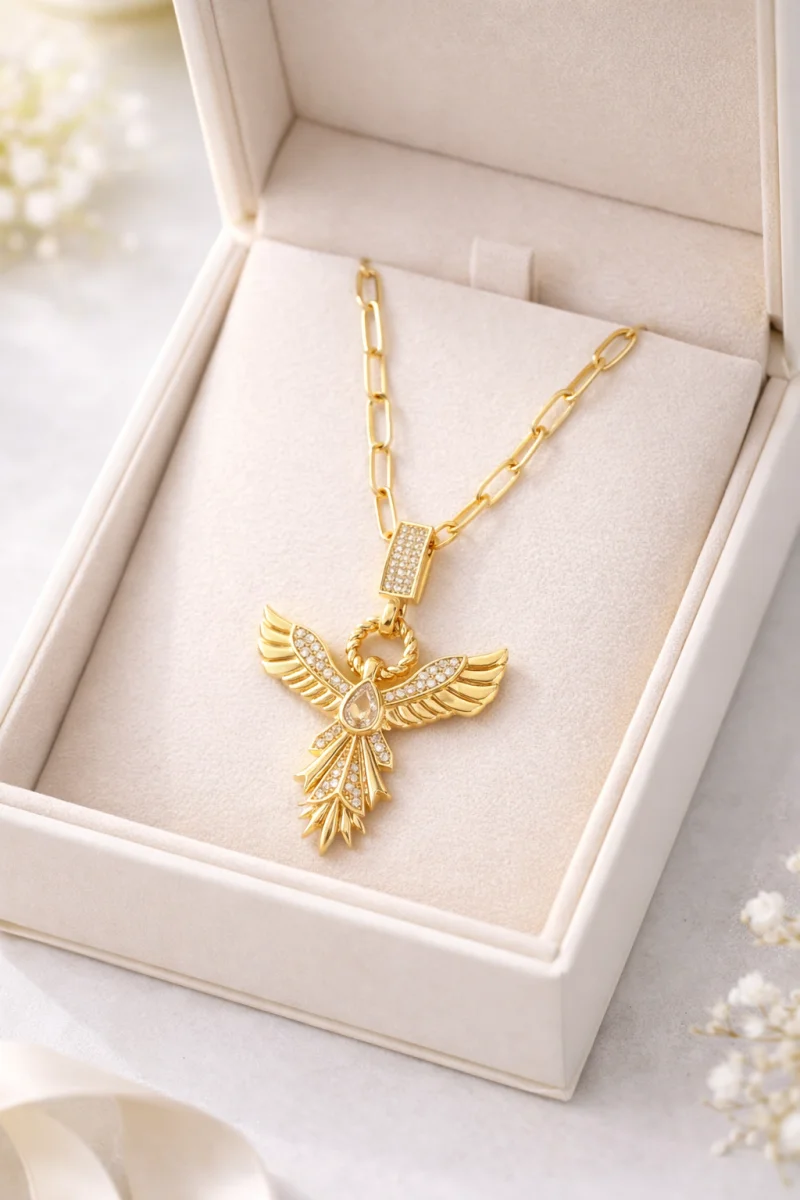 Zirkon Taşlı Anka Kuşu Figürlü Gold Ataç Zincir Çelik Kolye MODEL 13 – Kararmaz, Güçlü ve Şık Tasarım