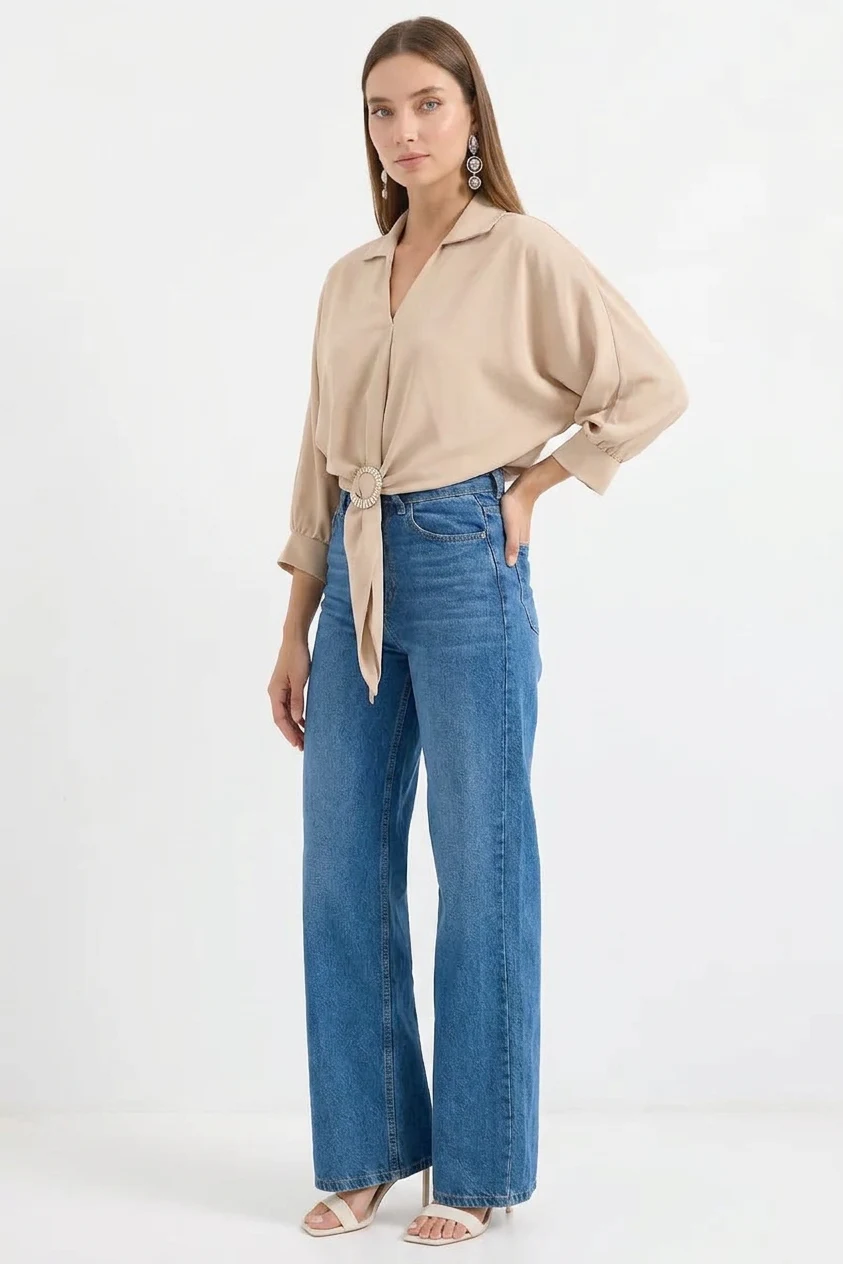 Kadın Gömlek Yaka Belden Bağlamalı Oversize Dökümlü Bej Bluz