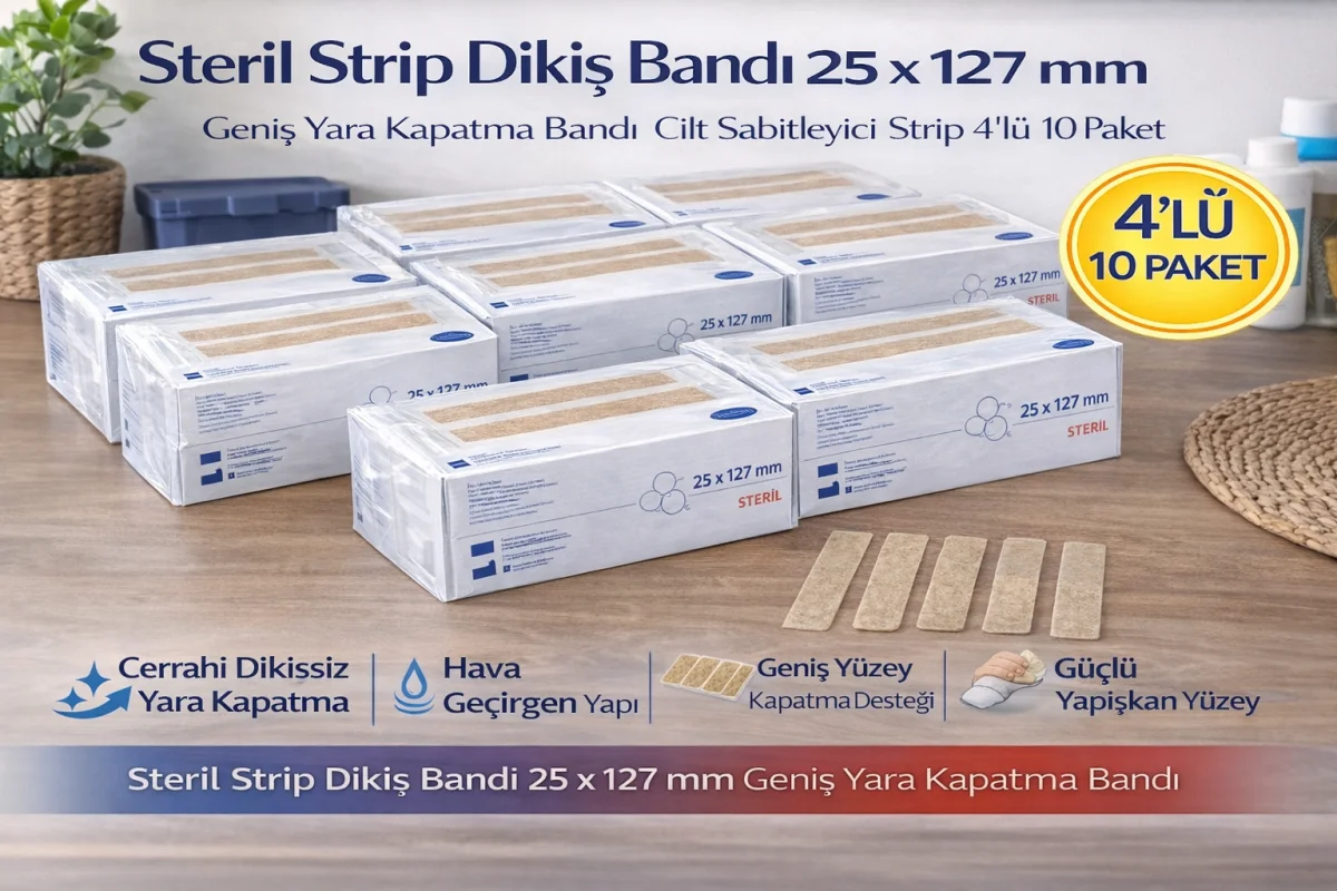 Steril Strip Dikiş Bandı 25 x 127 mm Geniş Yara Kapatma Bandı Cilt Sabitleyici Strip 4’lü 10 Paket