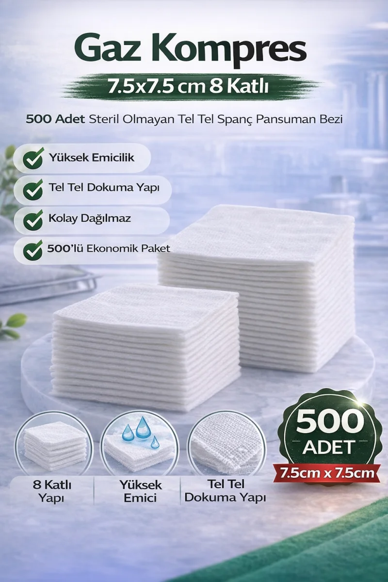 Gaz Kompres 7,5x7,5 cm 8 Katlı 500 Adet Steril Olmayan Tel Tel Spanç Pansuman Bezi