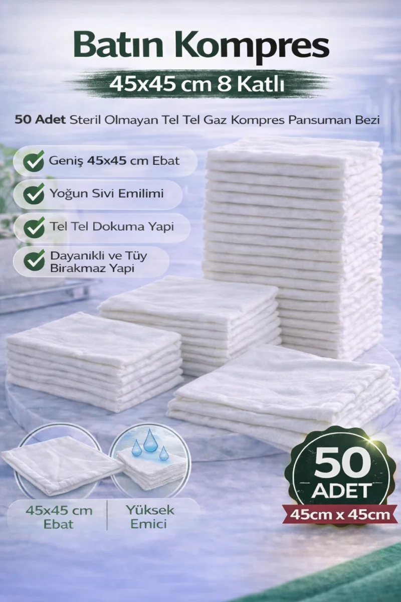 Batın Kompres 45x45 cm 8 Katlı 50 Adet Tel Tel Gaz Kompres Steril Olmayan Pansuman Bezi