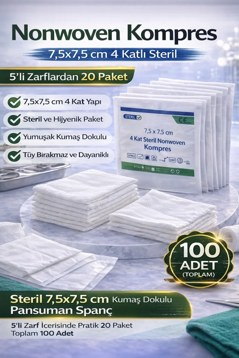 Nonwoven Kompres 7,5x7,5 cm 4 Katlı Steril 100 Adet (5’li Zarflardan 20 Paket) Pansuman Spanç 1 KUTU