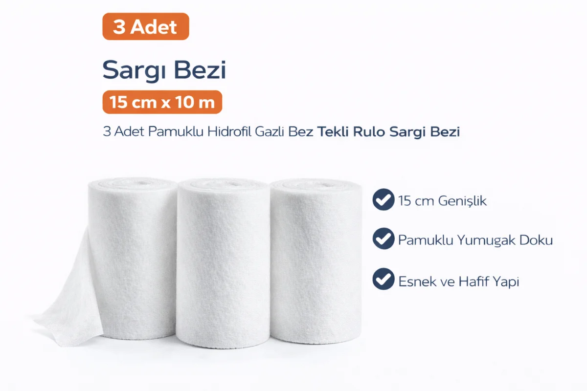 Sargı Bezi 15 cm x 10 m 3 Adet Pamuklu Hidrofil Gazlı Bez Rulo Sargı Bezi Seti