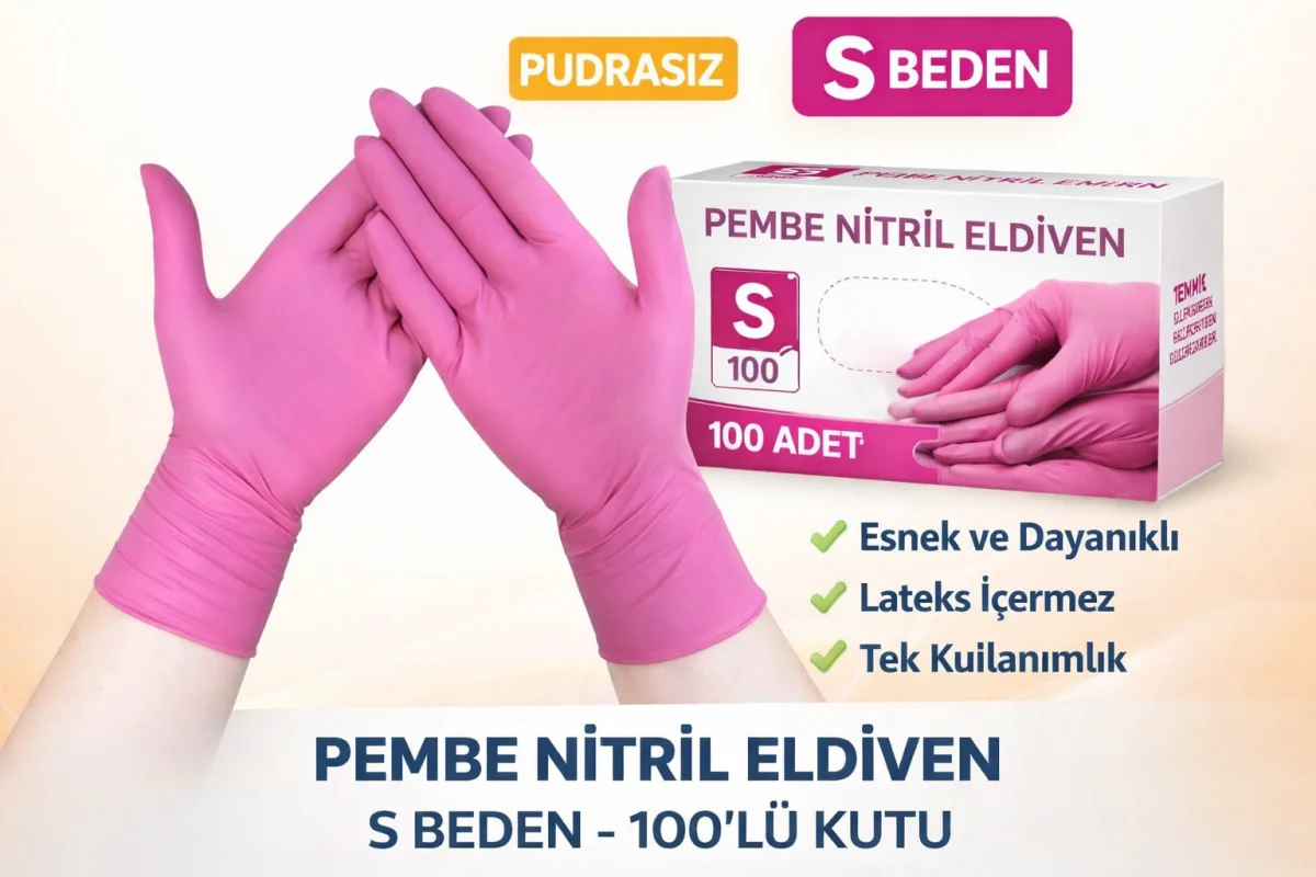 Pembe Nitril Eldiven S Beden Pudrasız 100’lü 1 Kutu Tek Kullanımlık Dayanıklı Muayene Eldiveni