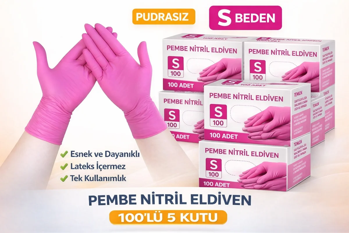 Pembe Nitril Eldiven S Beden Pudrasız 100’lü 5 Kutu Tek Kullanımlık Dayanıklı Muayene Eldiveni Toplu Paket