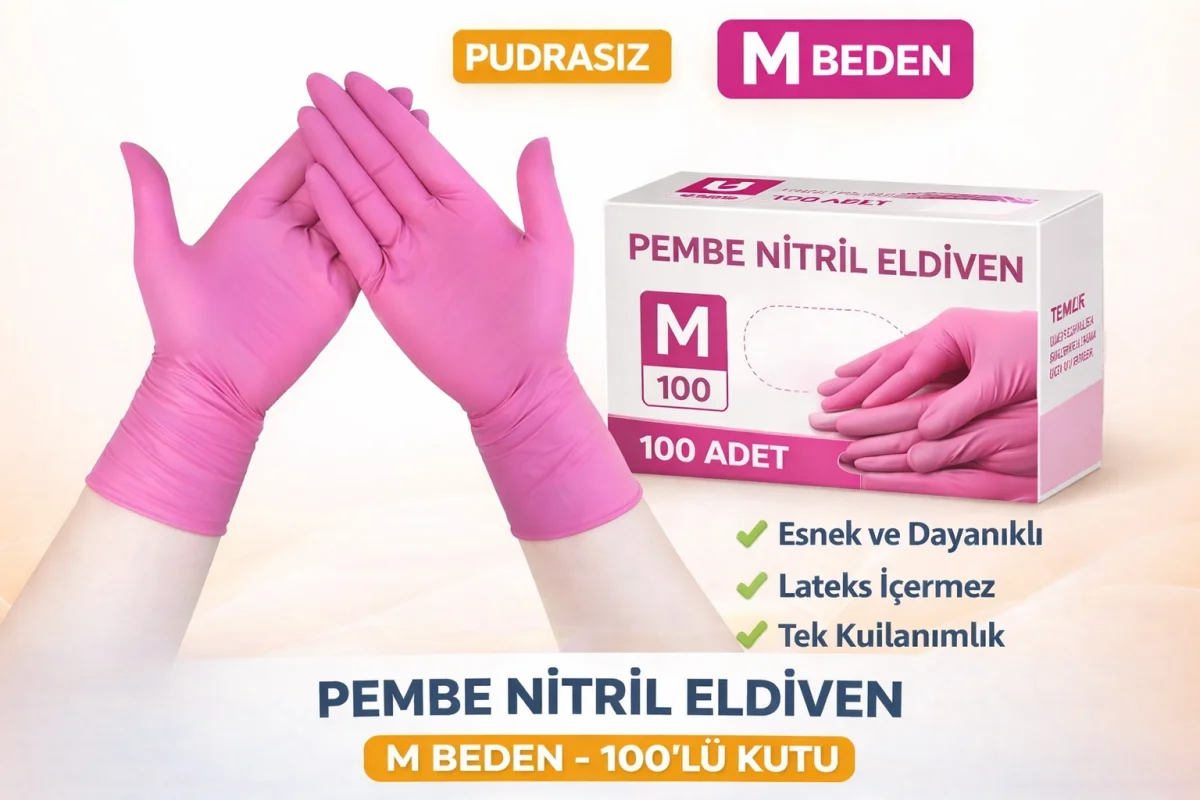 Pembe Nitril Eldiven M Beden Pudrasız 100’lü 1 Kutu Tek Kullanımlık Dayanıklı Muayene Eldiveni