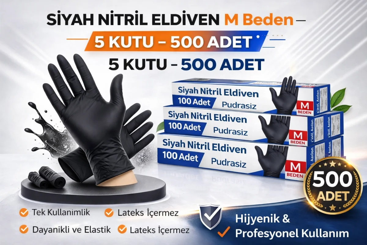 Siyah Nitril Eldiven M Beden Pudrasız 5 Kutu Tek Kullanımlık Lateks İçermeyen Dayanıklı Koruyucu Eldiven Seti