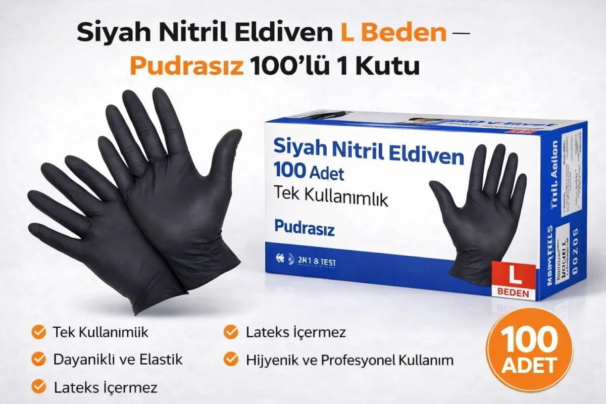 Siyah Nitril Eldiven L Beden Pudrasız 100'lü 1 Kutu Tek Kullanımlık Lateks İçermeyen Dayanıklı Muayene Eldiveni