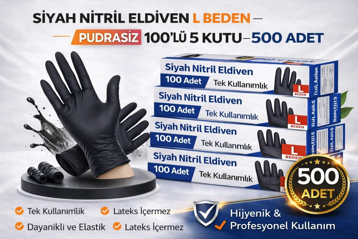Siyah Nitril Eldiven L Beden Pudrasız 100'lü 5 Kutu Tek Kullanımlık Lateks İçermeyen Dayanıklı Koruyucu Eldiven Seti