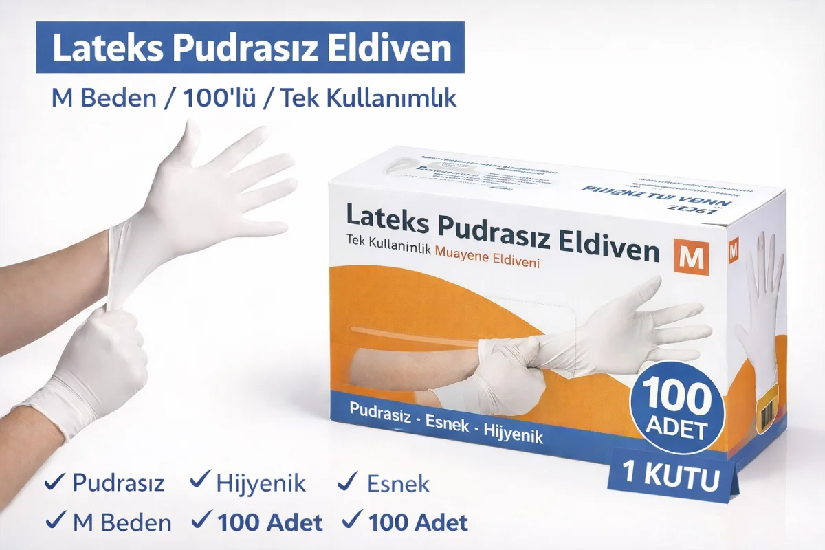 Lateks Pudrasız Eldiven M Beden 100'lü 1 Kutu – Tek Kullanımlık Elastik Muayene Eldiveni