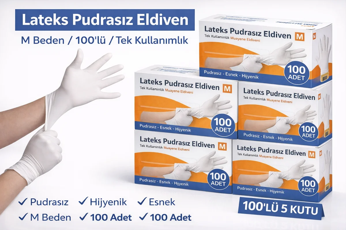 Lateks Pudrasız Eldiven M Beden 100'lü 5 Kutu – Tek Kullanımlık Elastik Muayene Eldiveni Toplu Paket
