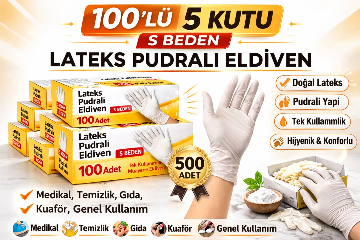 Lateks Pudralı Eldiven S Beden 100’lü 5 Kutu Toplam 500 Adet Tek Kullanımlık Muayene Eldiveni Doğal Lateks Koruyucu Eldiven
