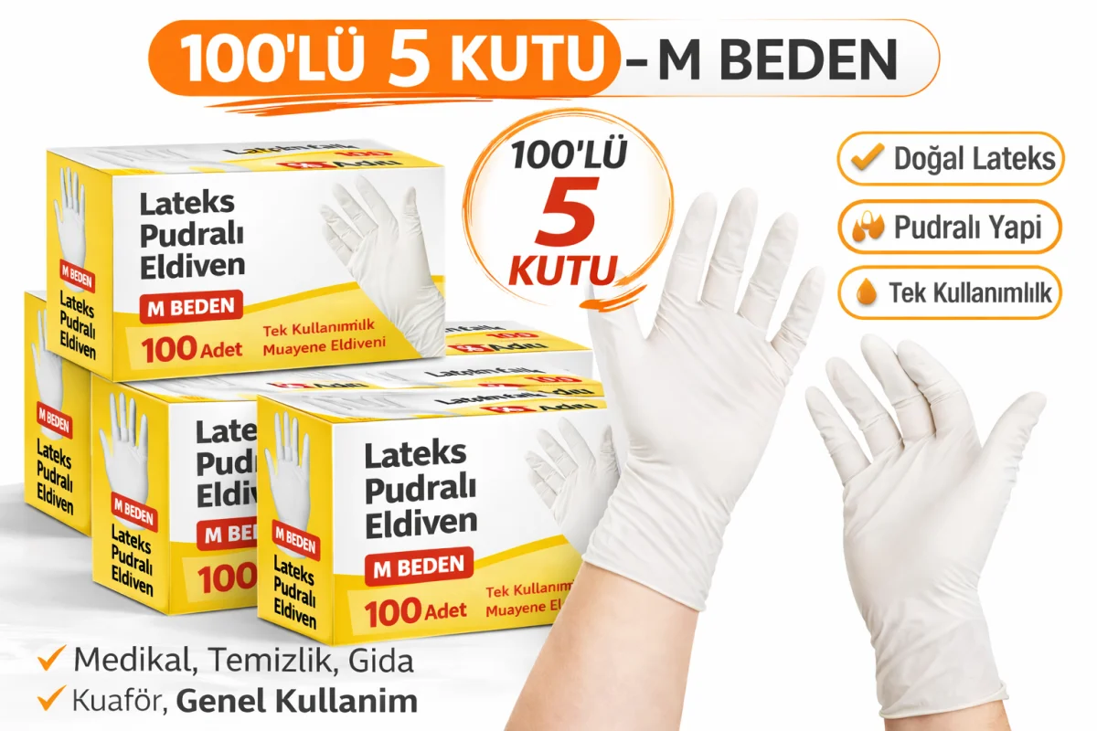 Lateks Pudralı Eldiven M Beden 100’lü 5 Kutu Toplam 500 Adet Tek Kullanımlık Muayene Eldiveni Doğal Lateks Koruyucu Eldiven