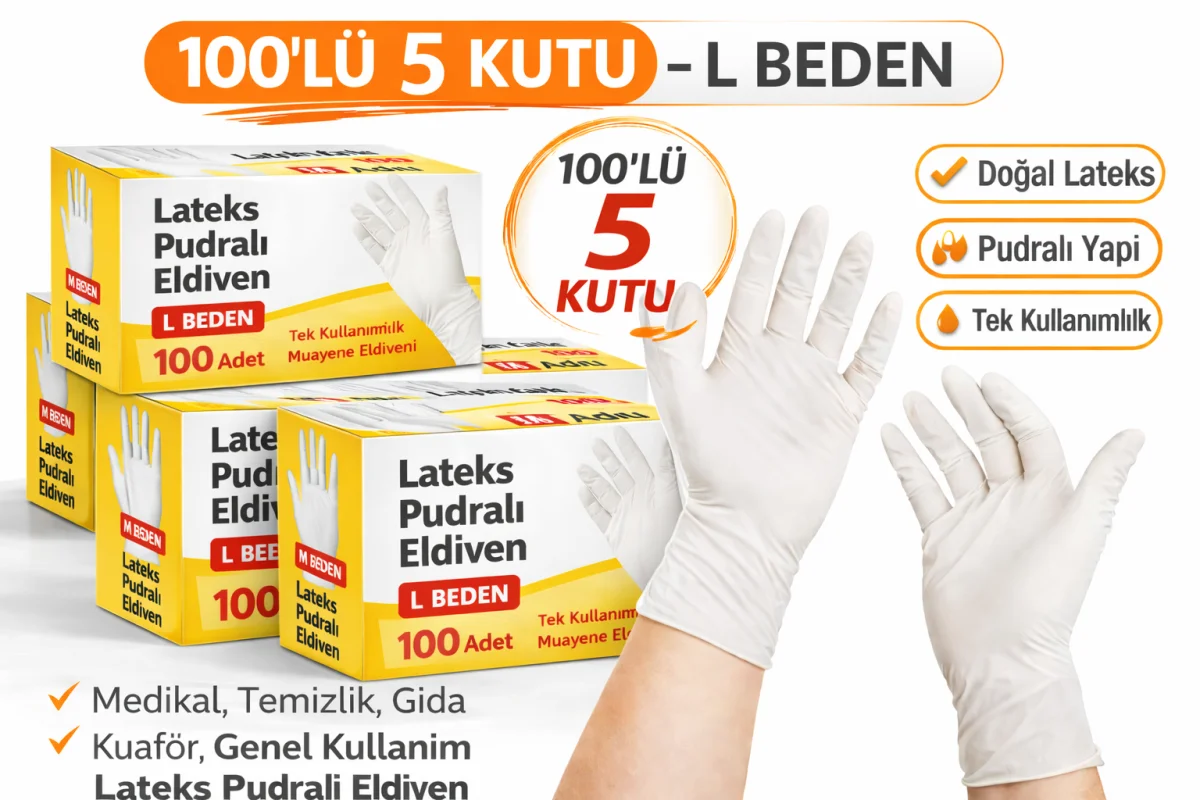 Lateks Pudralı Eldiven L Beden 100’lü 5 Kutu Toplam 500 Adet Tek Kullanımlık Muayene Eldiveni Doğal Lateks Koruyucu Eldiven