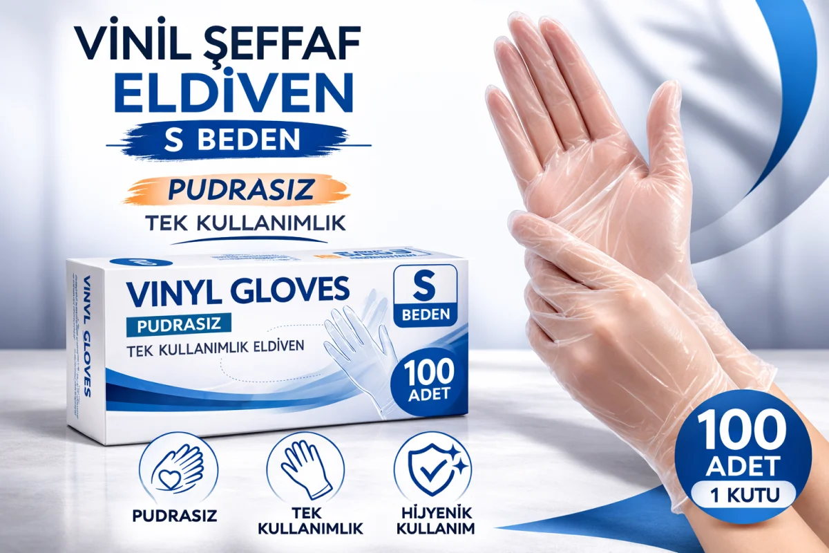 Vinil Şeffaf Eldiven S Beden 100’lü Kutu Tek Kullanımlık Şeffaf Vinil Muayene Eldiveni Pudrasız