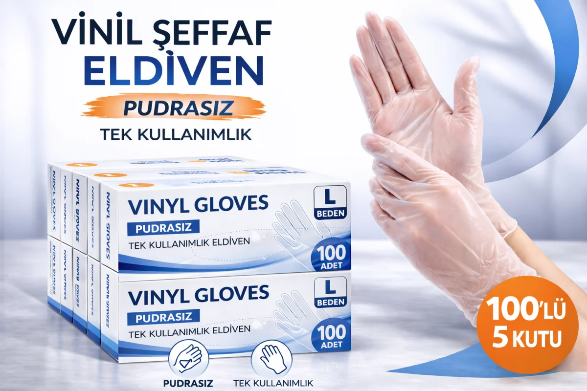 Vinil Şeffaf Eldiven L Beden 100’lü 5 Kutu Tek Kullanımlık Pudrasız Vinil Muayene ve Hijyen Eldiveni Toplu Set 500 Adet
