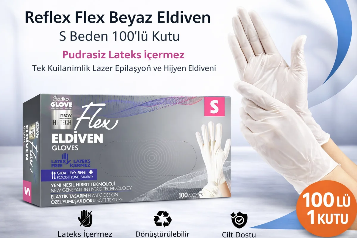 Reflex Flex Beyaz Eldiven S Beden 100’lü 1 Kutu Pudrasız Lateks İçermez Tek Kullanımlık Lazer Epilasyon ve Hijyen Eldiveni