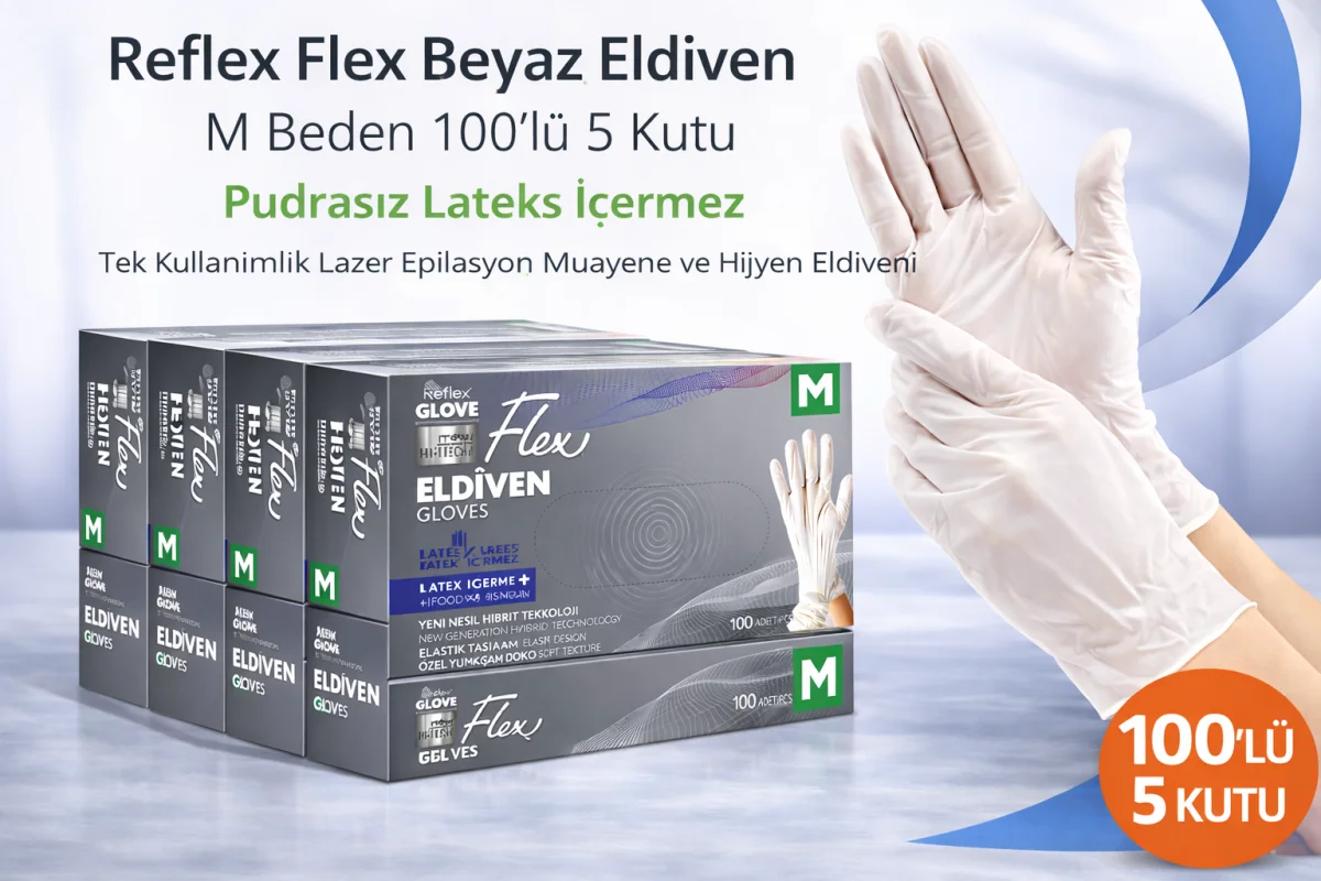 Reflex Flex Beyaz Eldiven M Beden 100’lü 5 Kutu Pudrasız Lateks İçermez Tek Kullanımlık Lazer Epilasyon Muayene ve Hijyen Eldiveni 500 Adet