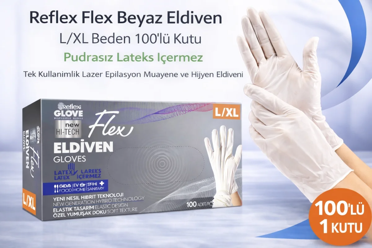 Reflex Flex Beyaz Eldiven L/XL Beden 100’lü Kutu Pudrasız Lateks İçermez Tek Kullanımlık Lazer Epilasyon Muayene ve Hijyen Eldiveni