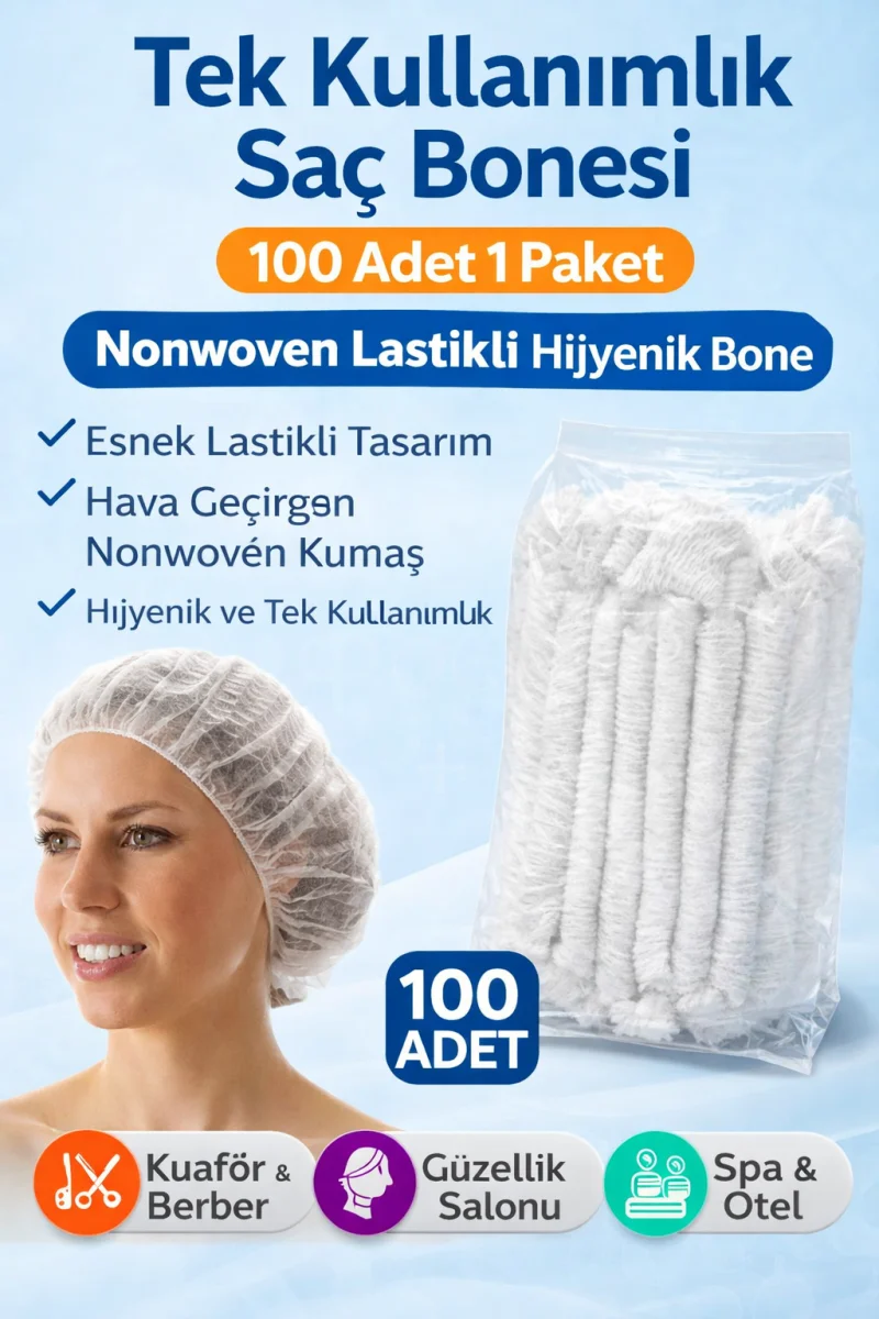 Tek Kullanımlık Saç Bonesi 100’LÜ 1 Paket Nonwoven Lastikli Hijyenik Bone