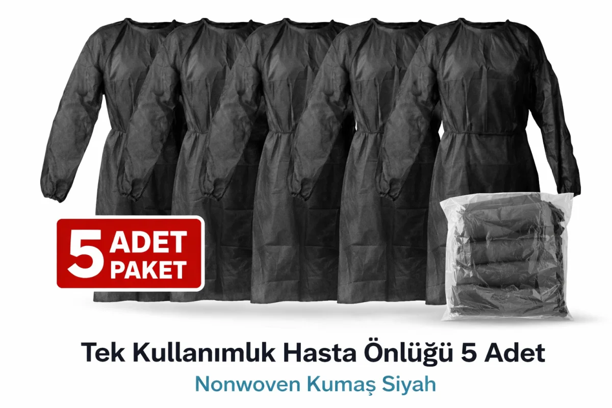Tek Kullanımlık Hasta Önlüğü 5 Adet Nonwoven Kumaş Uzun Kollu Standart Beden Siyah