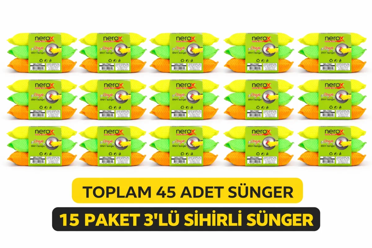 Nerox Magic Sihirli Sünger 3'lü 15 Paket Toplam 45 Adet Çok Amaçlı Temizlik Süngeri Mutfak Bulaşık Banyo Temizlik Süngeri