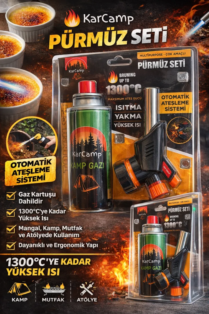 KarCamp Pürmüz Seti Kamp Gazlı Torch Çakmak Otomatik Ateşlemeli 1300°C Çok Amaçlı Mutfak Kamp Kaynak Pürmüz Seti Gaz Kartuşlu