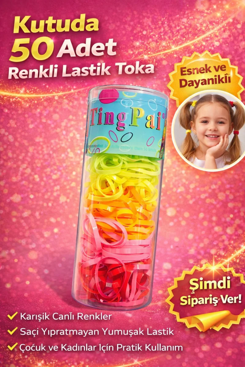 50 Adet Renkli Lastik Toka Seti Kutu İçinde Karışık Renkli Saç Lastiği Çocuk ve Kadın Saç Tokası