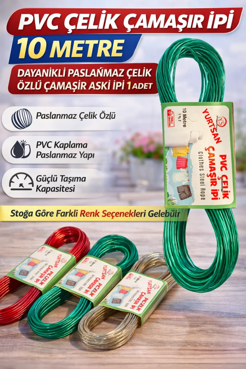 PVC Çelik Çamaşır İpi 10 Metre Dayanıklı Paslanmaz Çelik Özlü Çamaşır Askı İpi 1 Adet