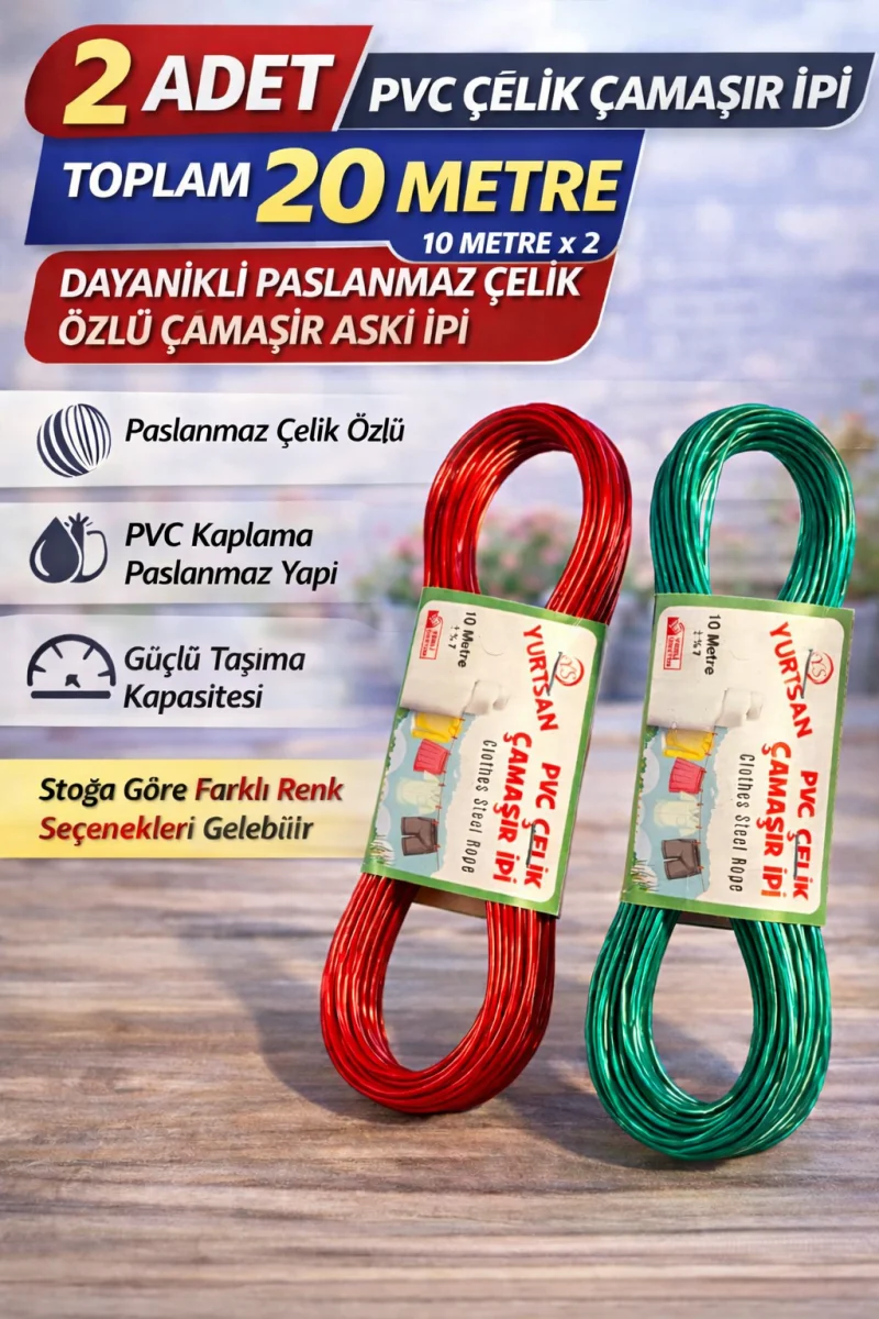 2 Adet PVC Çelik Çamaşır İpi 10 Metre Dayanıklı Çelik Özlü Çamaşır Askı İpi Toplam 20 Metre