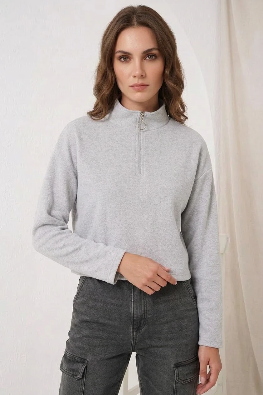 Kadın Fermuarlı Yaka Pamuklu Gri Sweatshirt