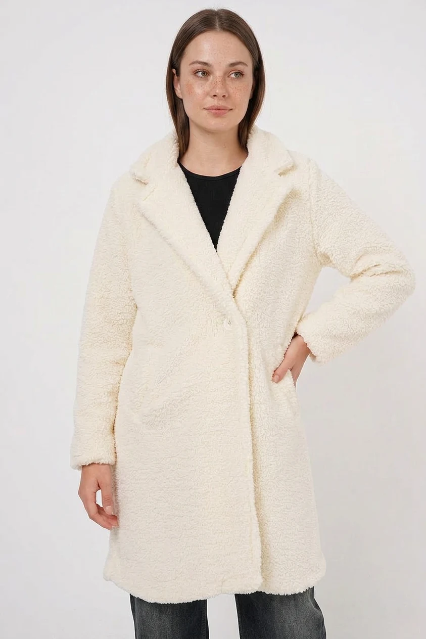 Kadın Geniş Yaka Oversize Ekru Kaban