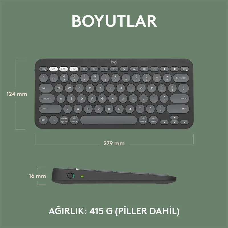 K380S  2 ÇOKLU CİHAZ ÖZELLİKLİ BLUETOOTH TÜRKÇE Q KLAVYE GRİ 920-011859