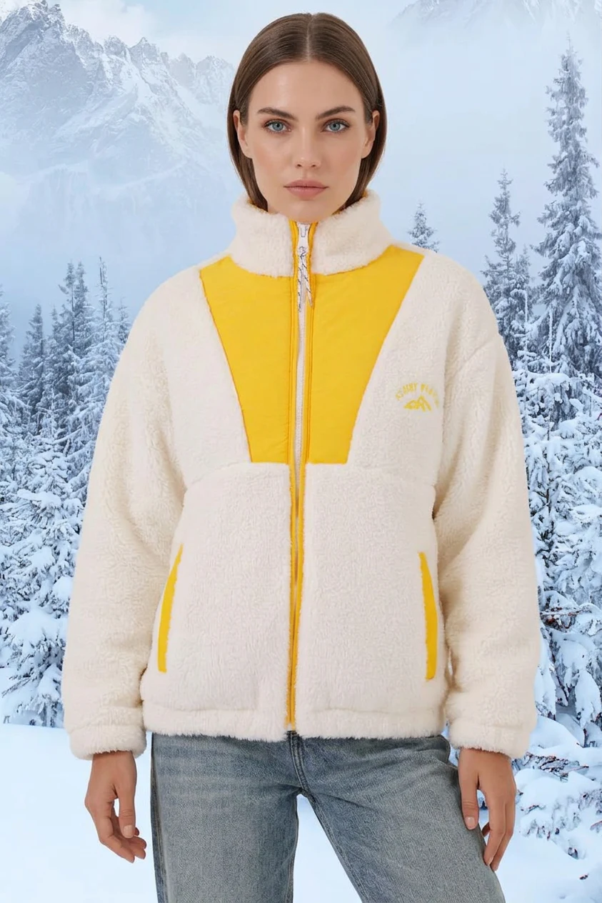 Kadın Dik Yaka Fermuarli Peluş Sarı Ceket