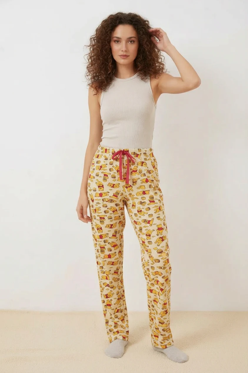 Kadın Beli Büzgülü Desenli Krem Pijama Altı
