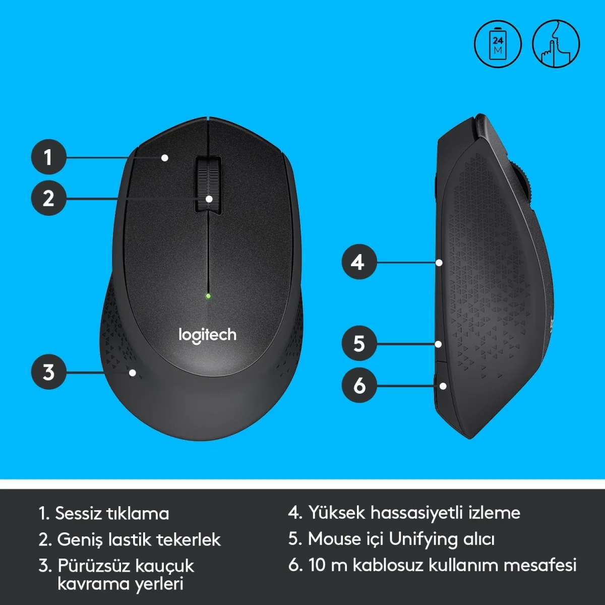 M330 KABLOSUZ SESSİZ USB OPTİK MOUSE SİYAH 910-004909