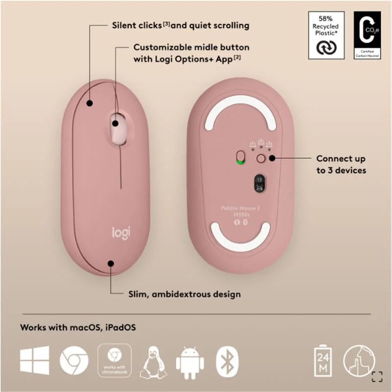 PEBBLE 2 M350S KABLOSUZ BLUETOOTH SESSİZ OPTİK MOUSE PEMBE 910-007014