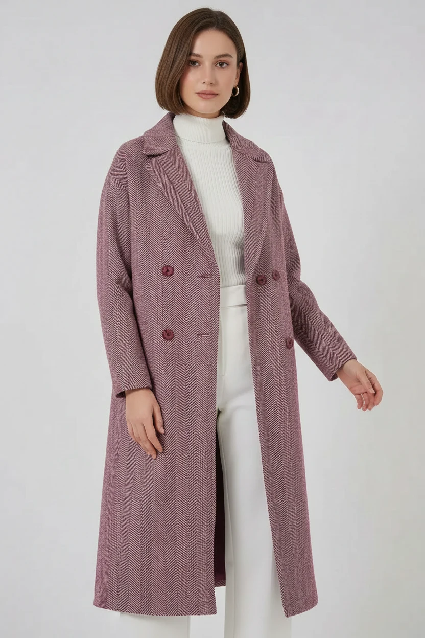 Kadın Klasik Yaka Geniş Kesim Oversize Kaşe Bordo Kaban