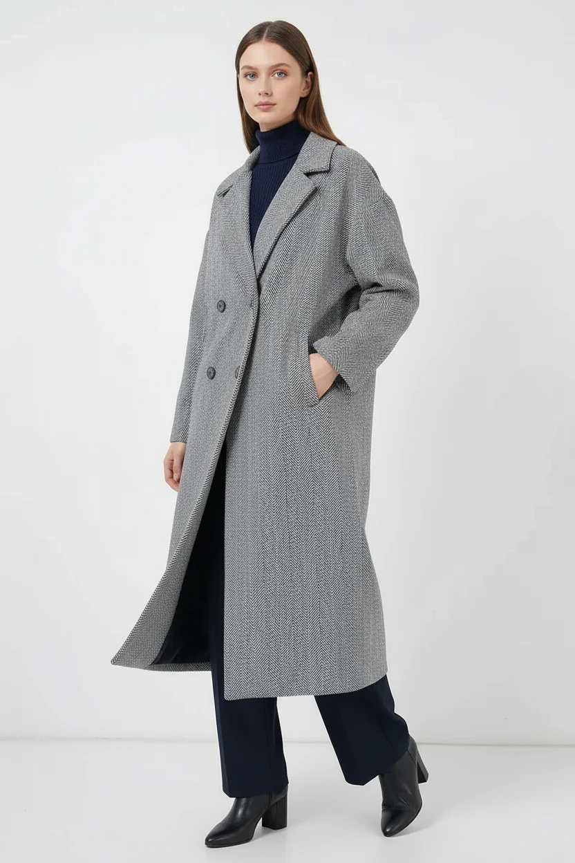 Kadın Klasik Yaka Standart Oversize Balıksırtı Desenli Kaşe Lacivert Kaban