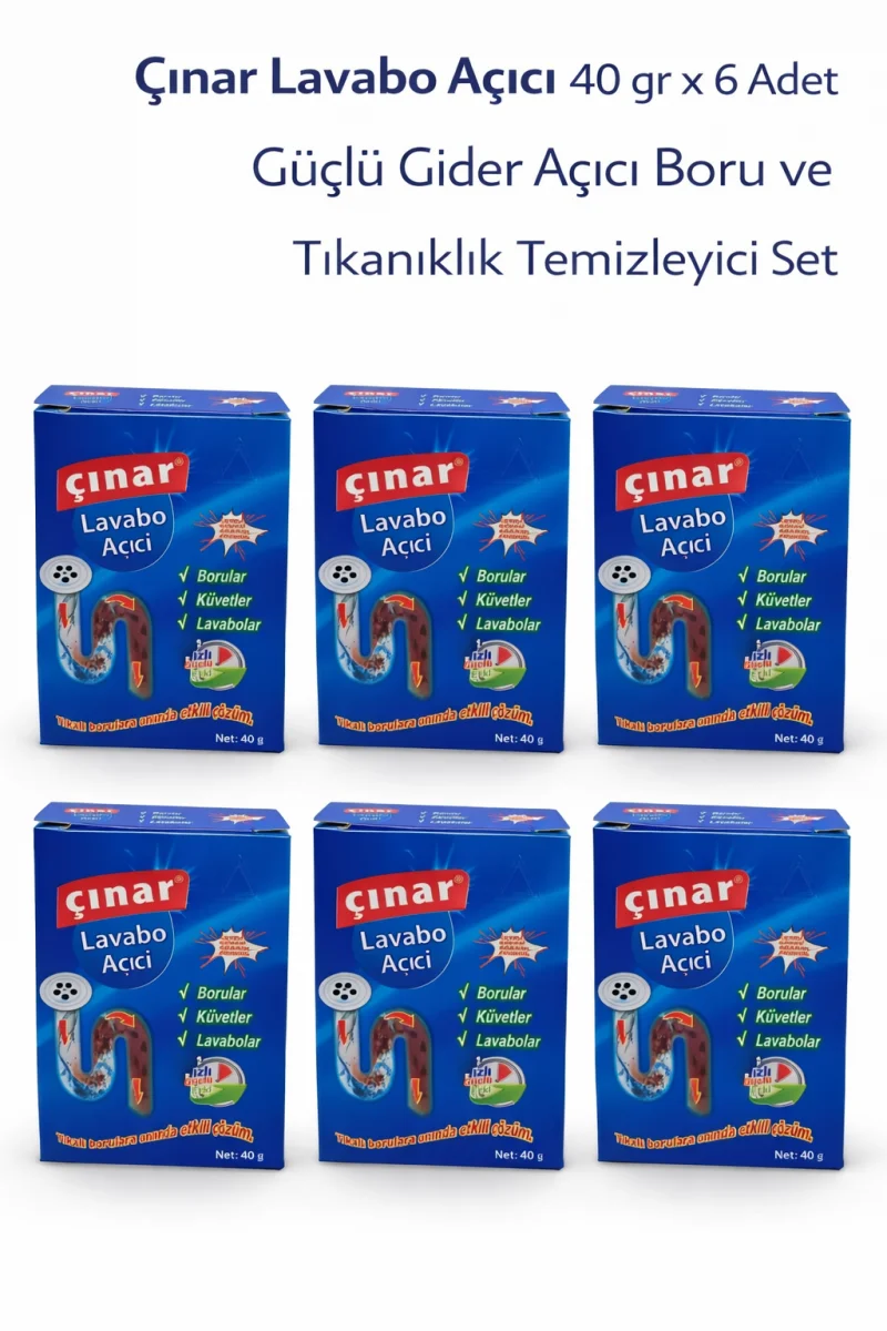Çınar Lavabo Açıcı 40 gr x 6 Adet – Güçlü Gider Açıcı Boru ve Tıkanıklık Temizleyici Set