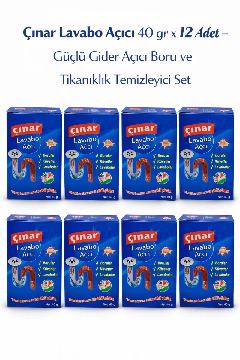 Çınar Lavabo Açıcı 40 gr x 12 Adet – Güçlü Gider Açıcı Boru ve Tıkanıklık Temizleyici Set